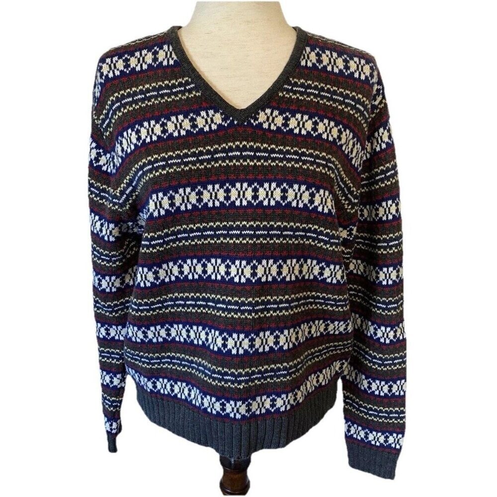 Paul Harris Design Womens Sz XL Pullover Blue Fair Isle Knit Sweater Grandpa